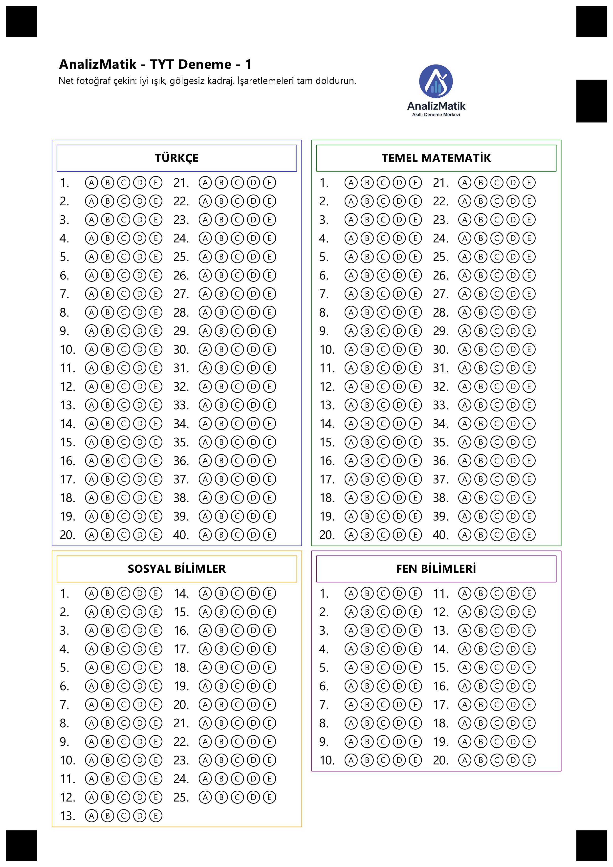 AnalizMatik TYT Optik Cevap Formu